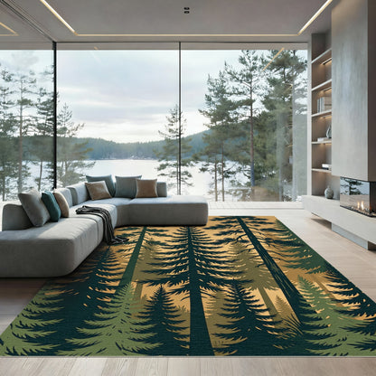 Earthy Forest Pine Silhouette Landscape Rug