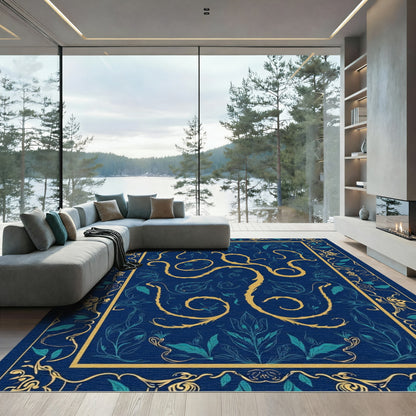 Deep Teal Gold Floral Vine Rug