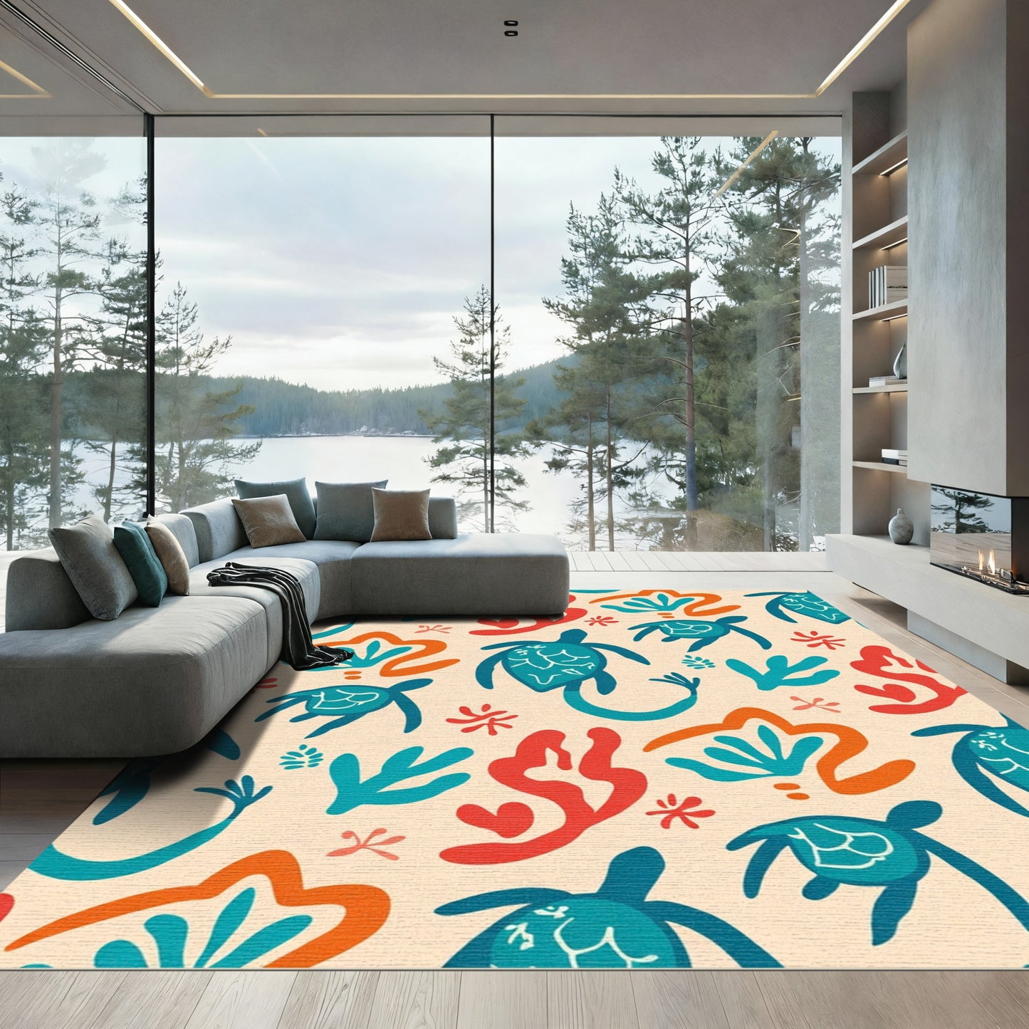 Whimsical Turtle Coral Seaweed Scene Rug