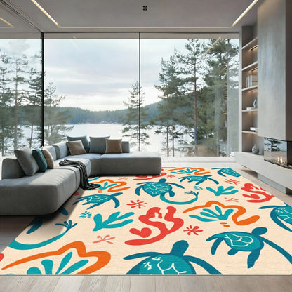 Whimsical Turtle Coral Seaweed Scene Rug