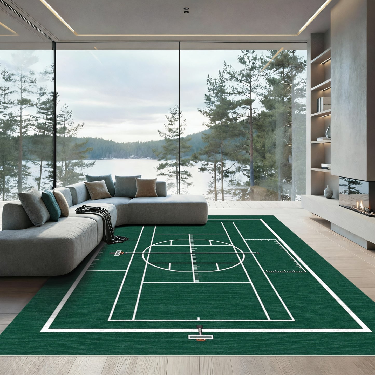 Modern Green Minimalist Court Graphic Rug