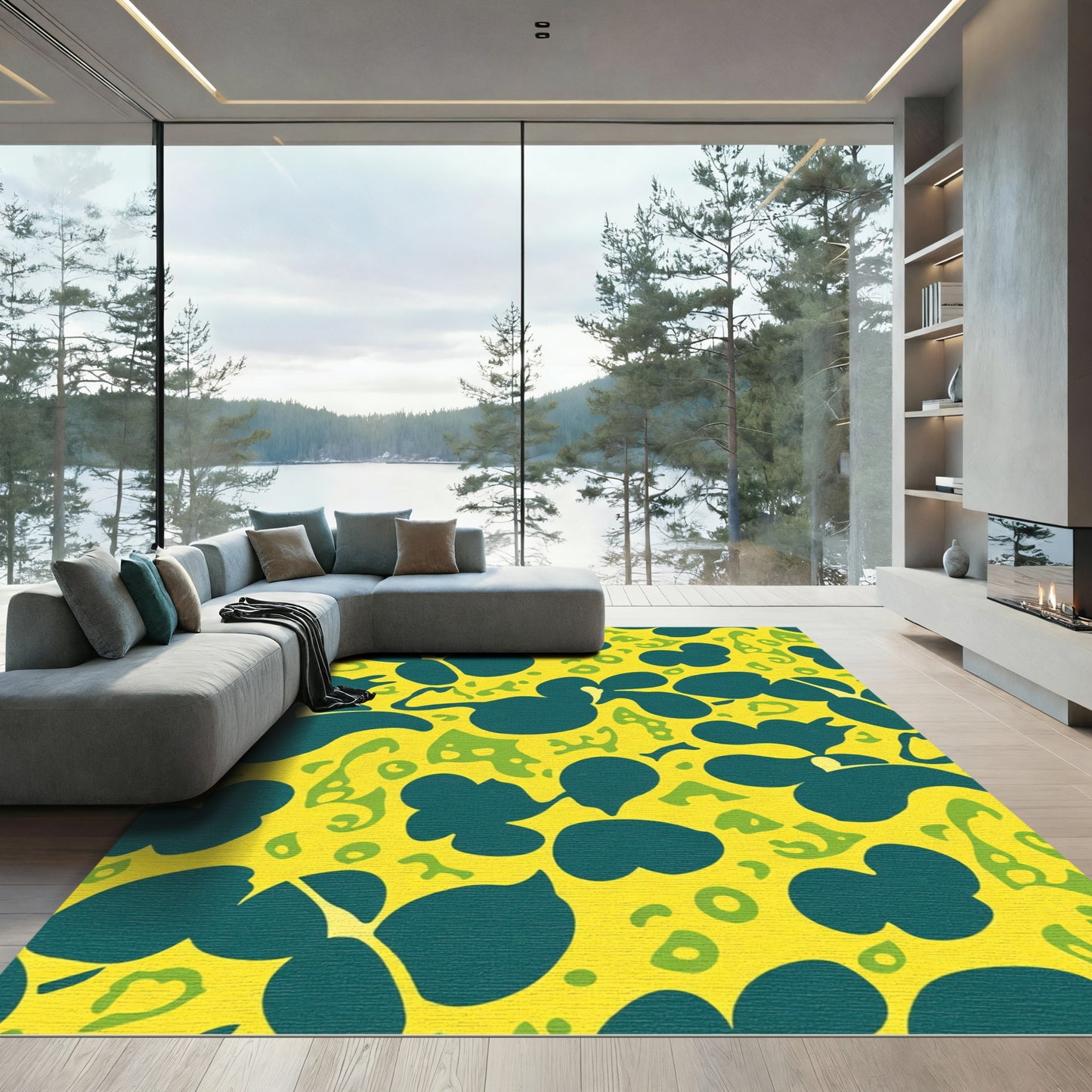 Yellow Teal Organic Abstract Shapes Rug