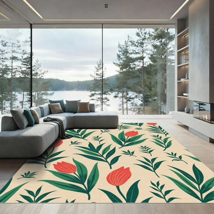 Red Tulip Garden Verdant Foliage Rug
