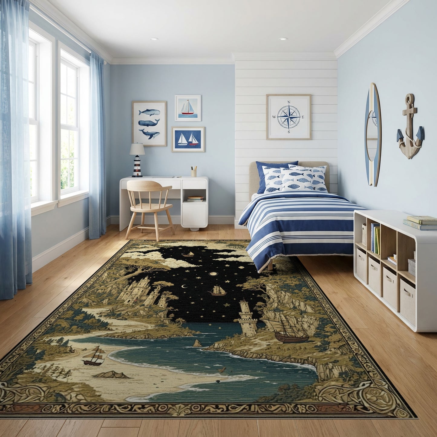 Ornate Starry Fantasy Castles Ships Rug