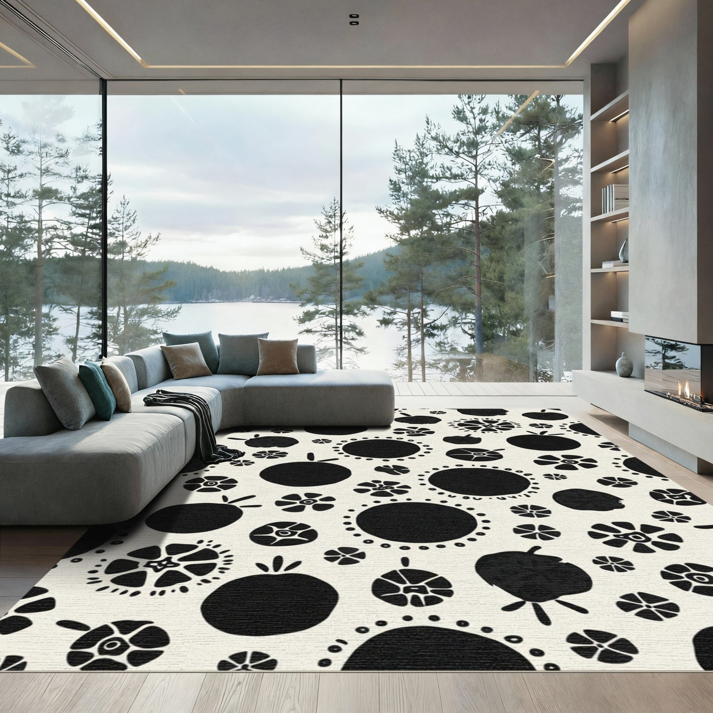 Bold Black Abstract Floral Circles Rug