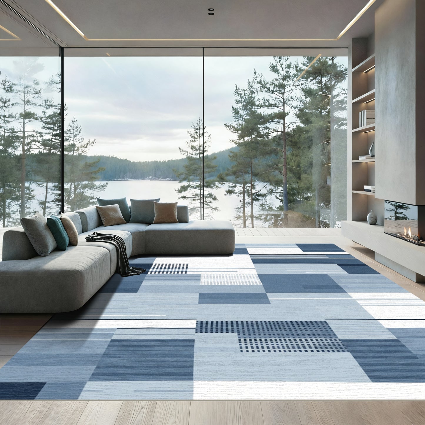 Modern Blue Geometric Abstract Collage Rug