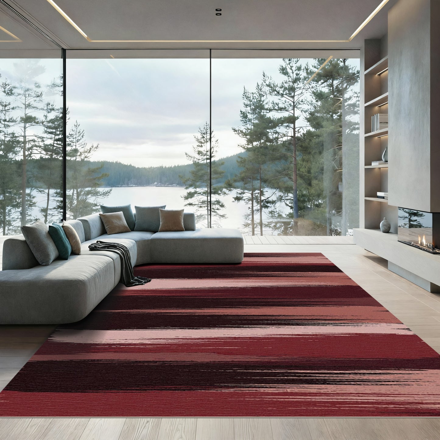 Abstract Crimson and Blush Painted Stripes Rug