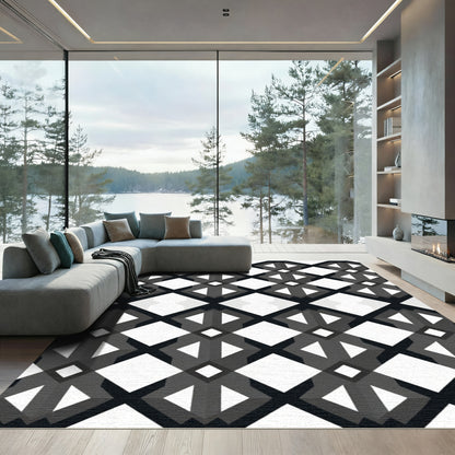 Black White Geometric Diamond Lattice Rug