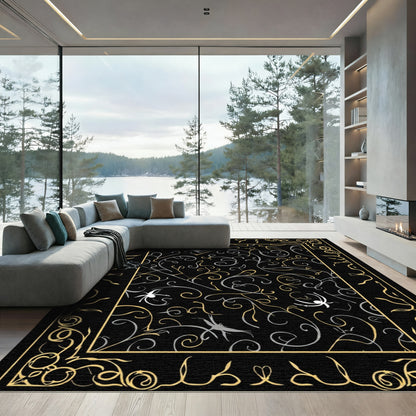 Ornate Black Gold Silver Vine Spider Rug