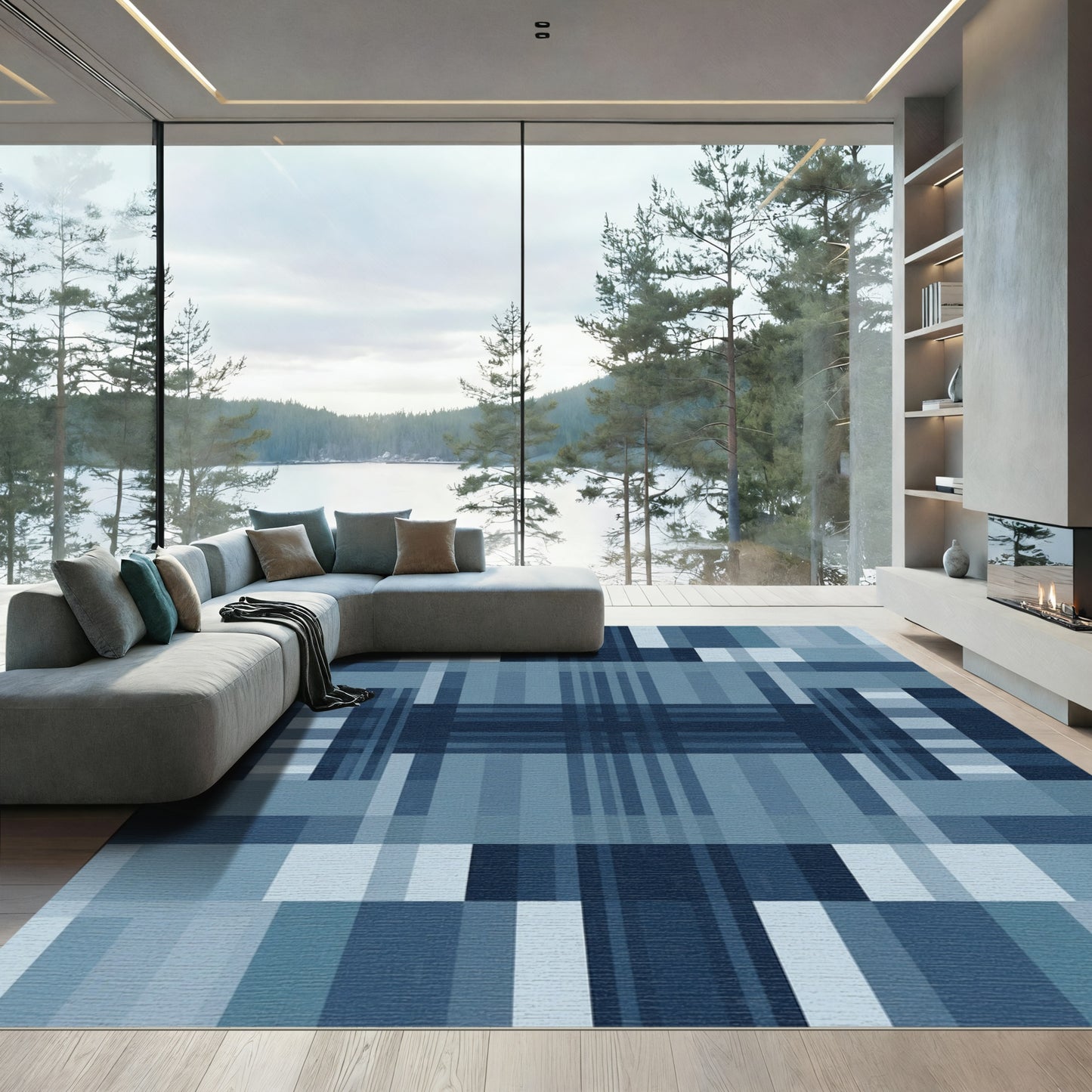 Geometric Blue Abstract Blocks Rug