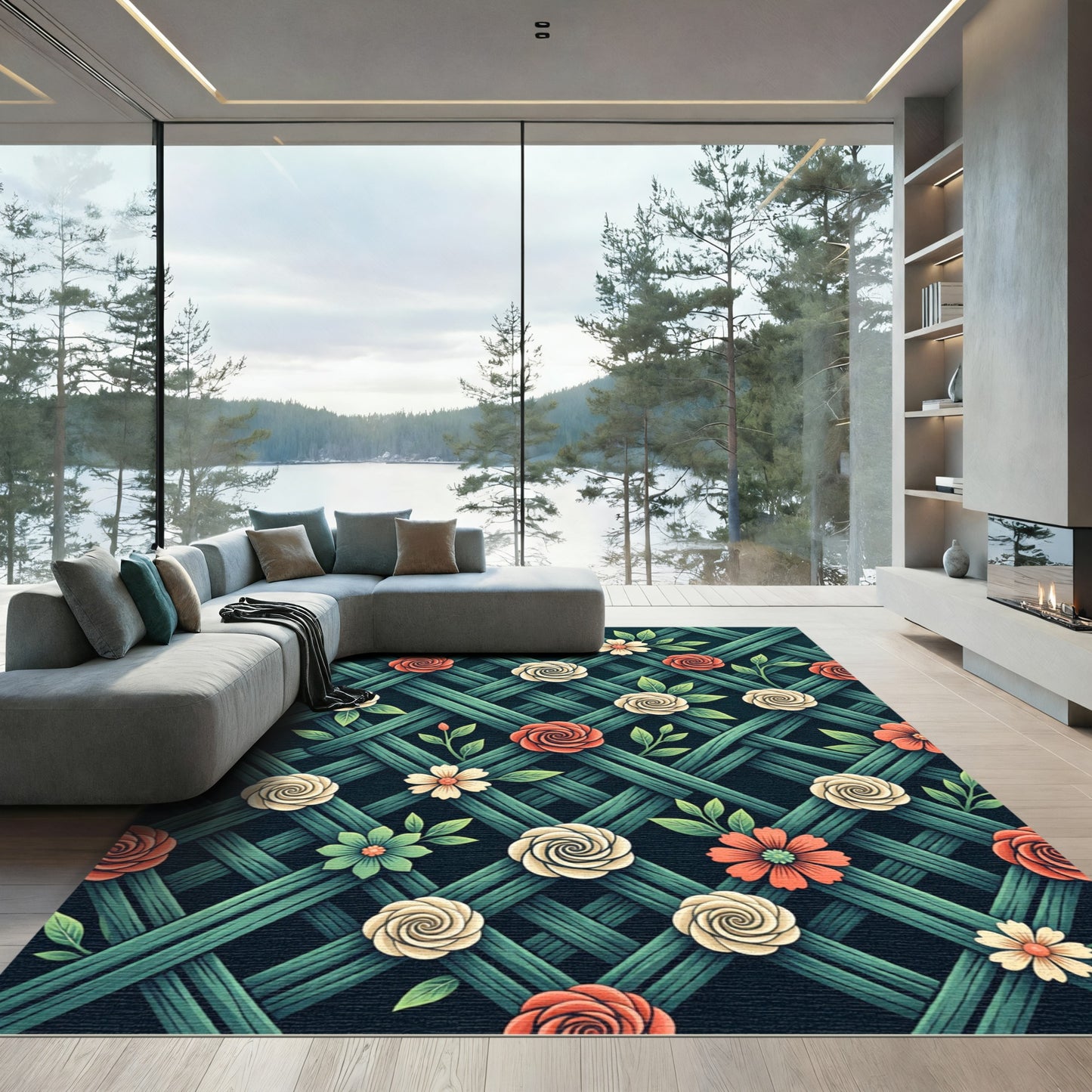 Rose Trellis Weave Floral Green Rug