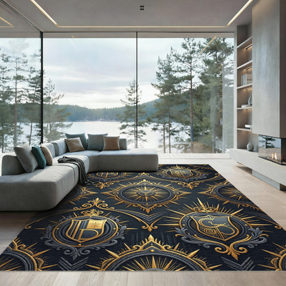 Regal Gold and Charcoal Crested Emblem Rug
