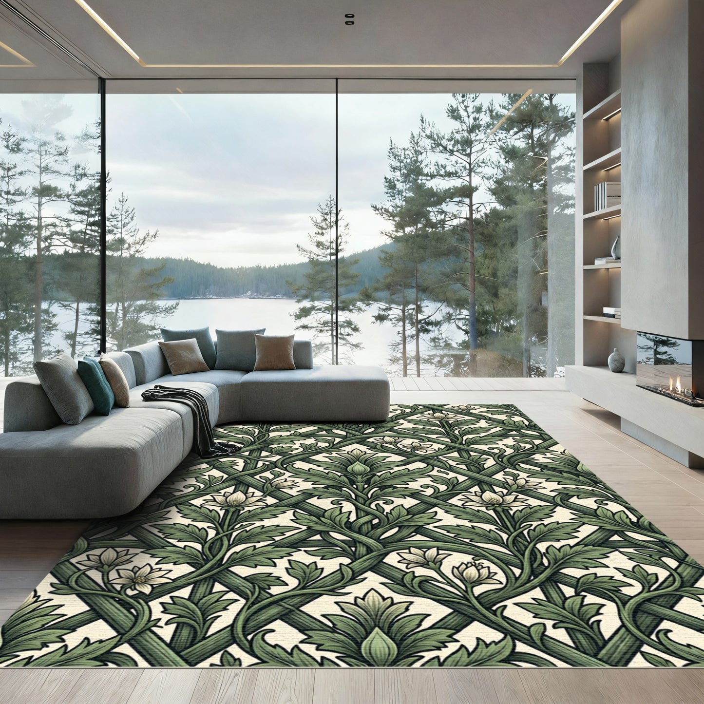 Botanical Sage Green Trellis Floral Leaf Rug