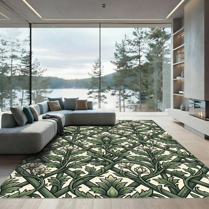 Botanical Sage Green Trellis Floral Leaf Rug