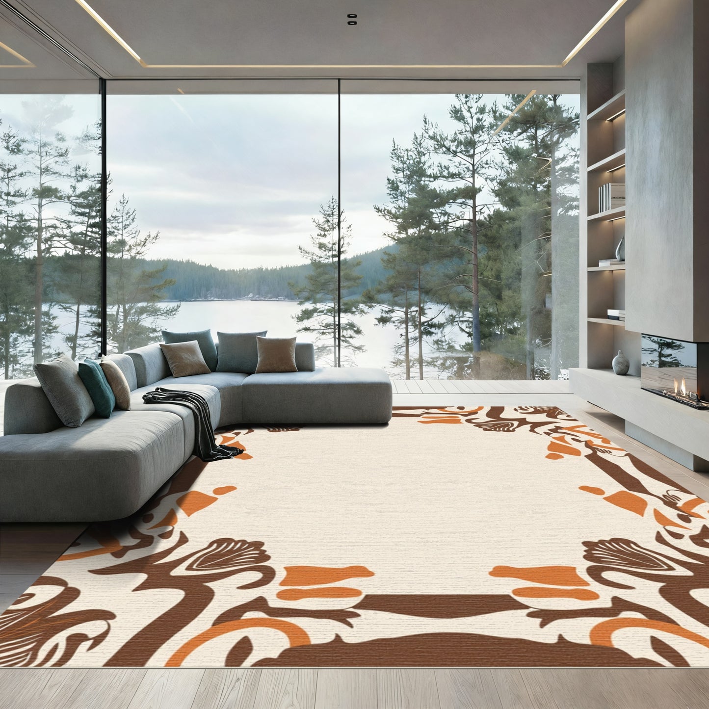 Earthy Ochre Brown Abstract Border Rug