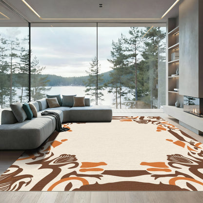 Earthy Ochre Brown Abstract Border Rug
