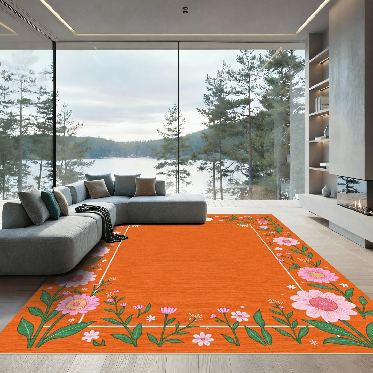 Orange Pink Floral Border Garden Rug