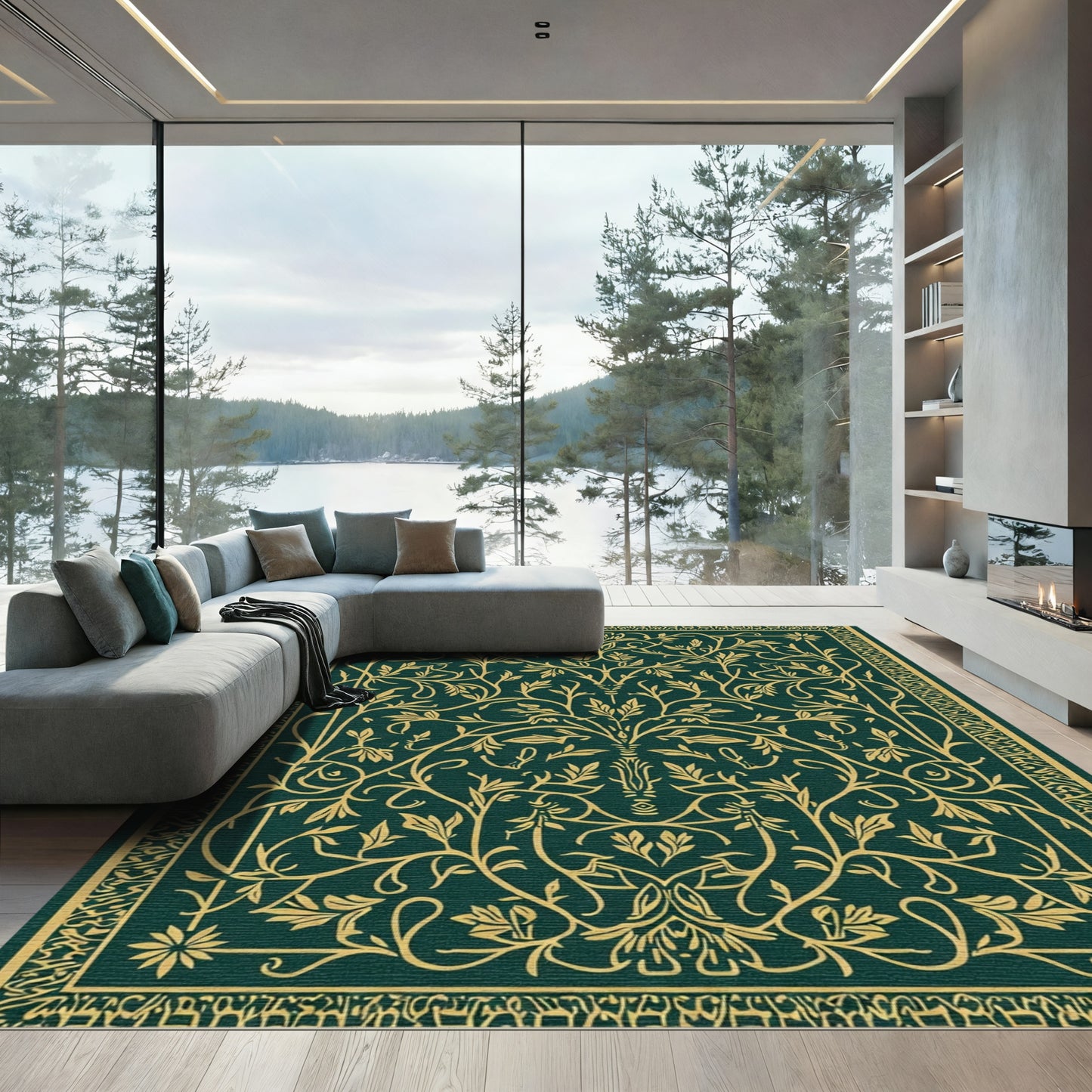 Emerald Gold Botanical Scroll Vine Rug