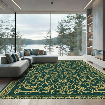 Emerald Gold Botanical Scroll Vine Rug