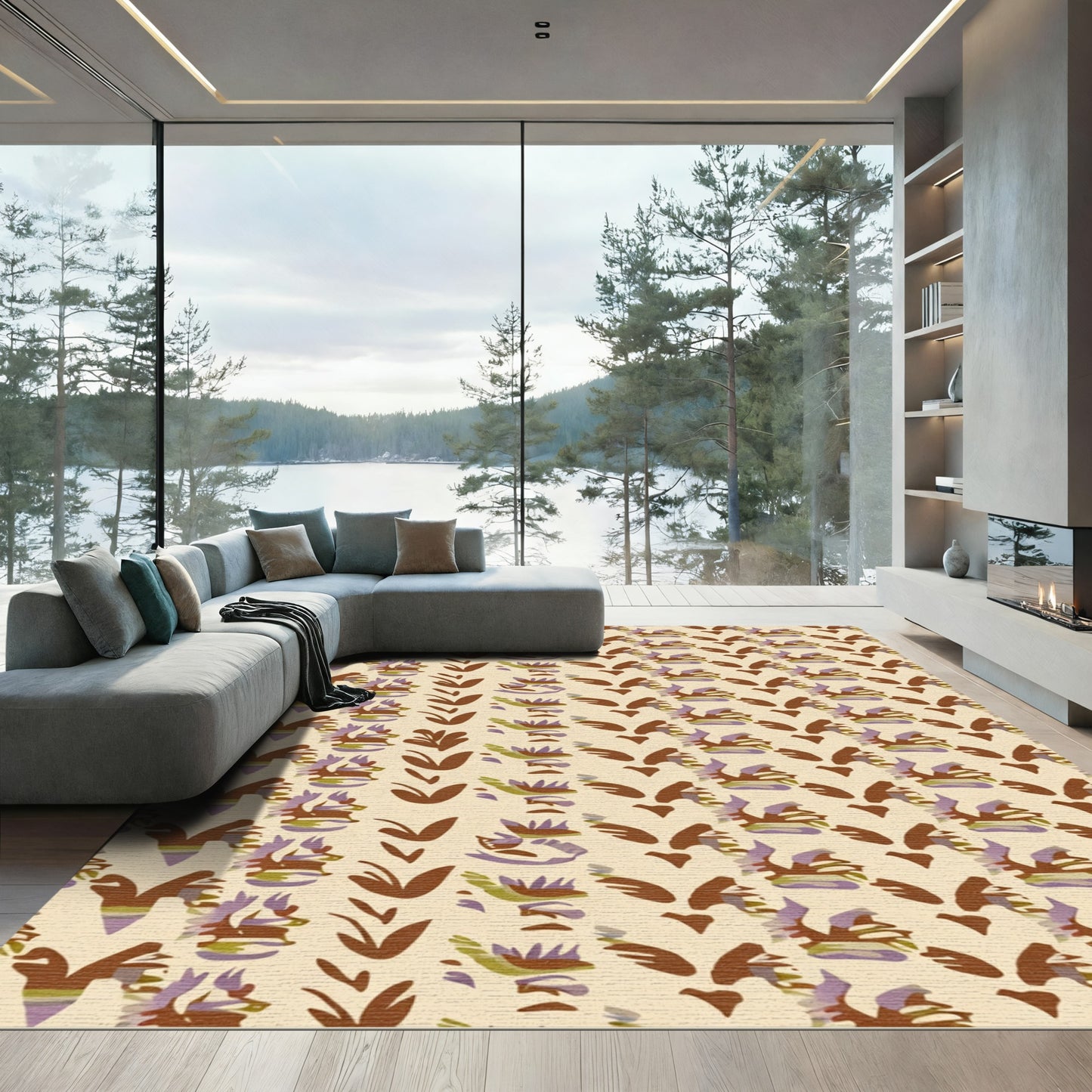 Earthy Tan Abstract Leaf Medallion Rug