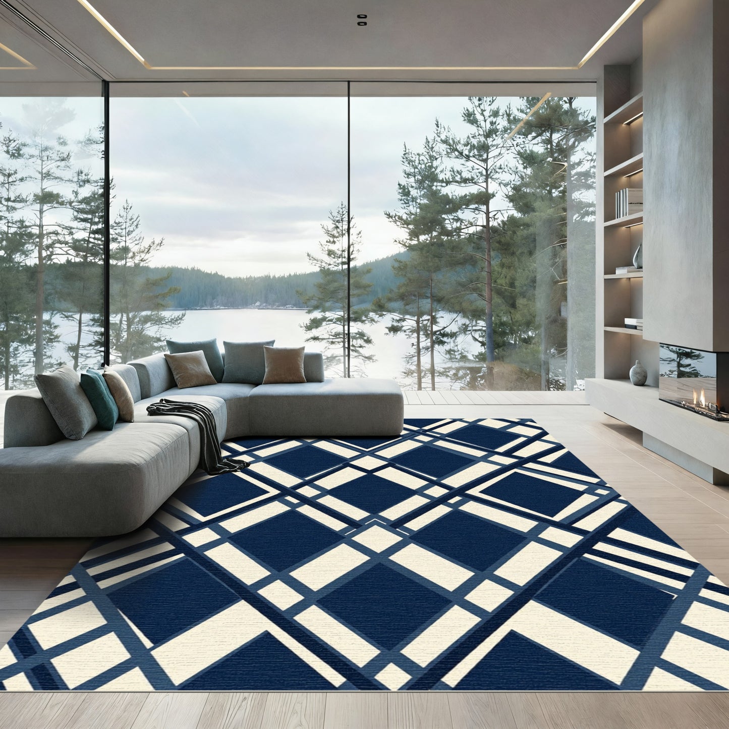 Navy and Cream Diamond Lattice Rug