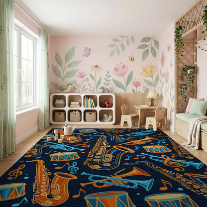 Vibrant Saxophone Trumpet Drum Notes Rug