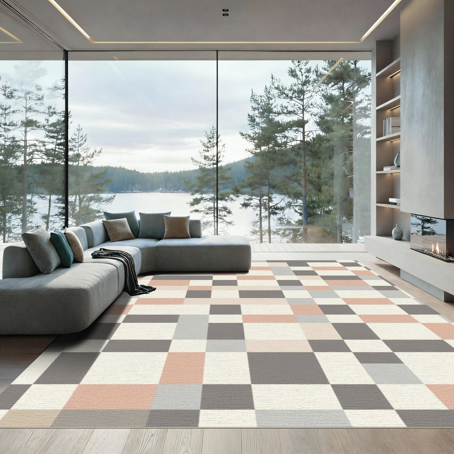Soft Earthy Tone Geometric Blocks Rug