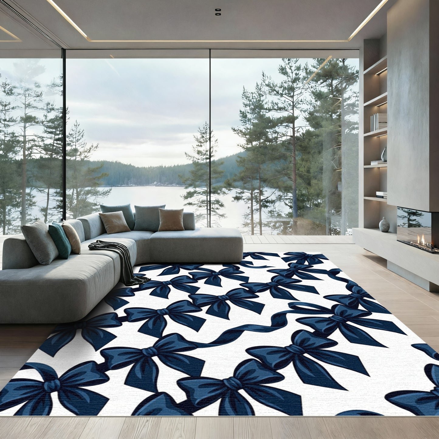 Elegant Midnight Blue Bow Repeat Rug