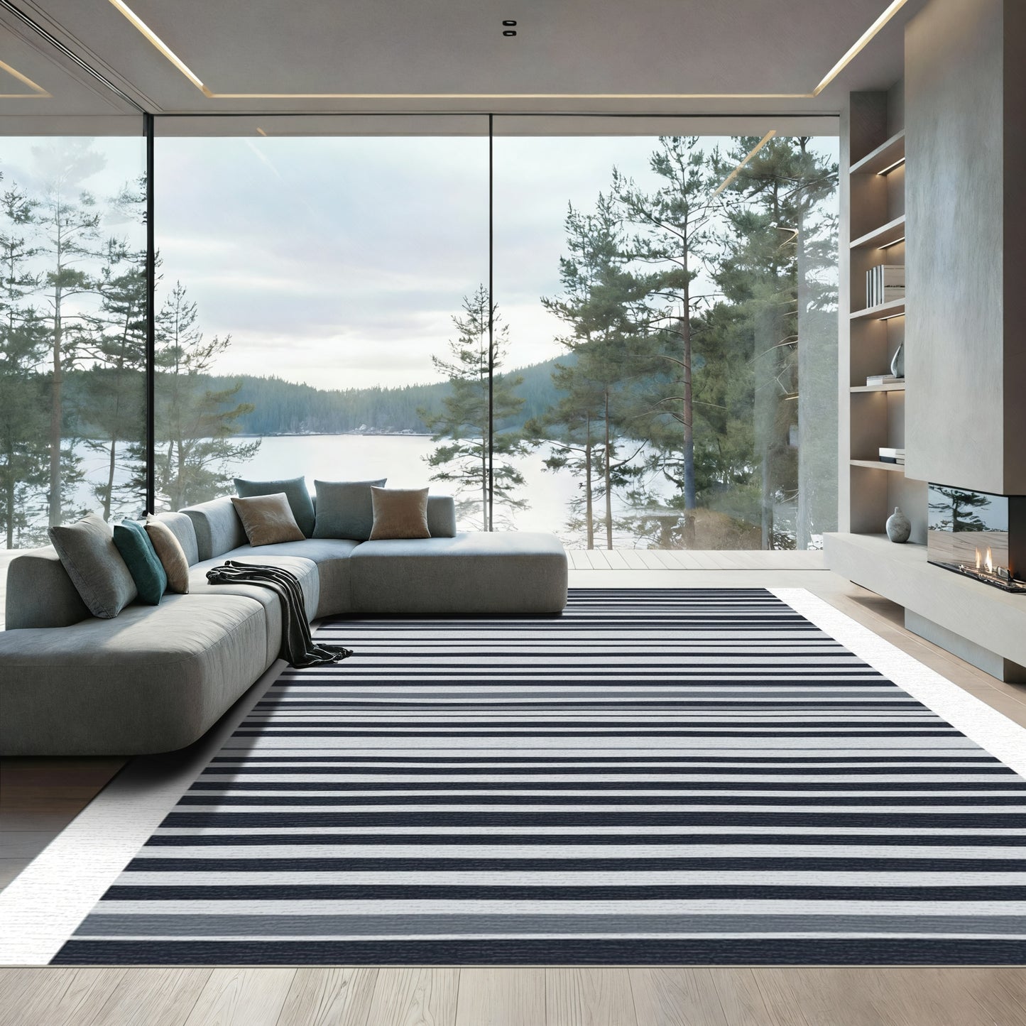 Modern Navy Gray Stripe Rug