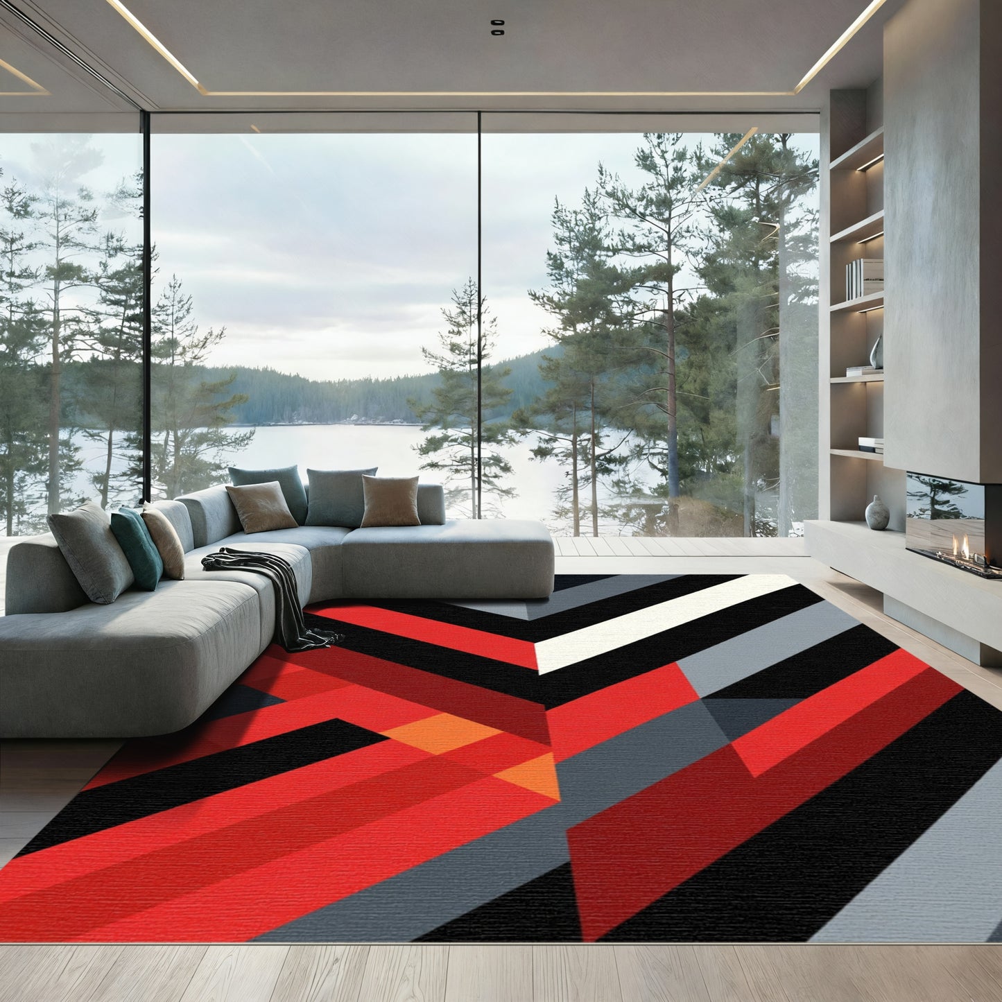 Bold Red Black Geometric Chevron Rug