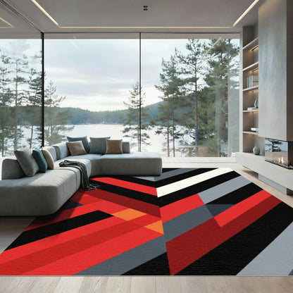 Bold Red Black Geometric Chevron Rug