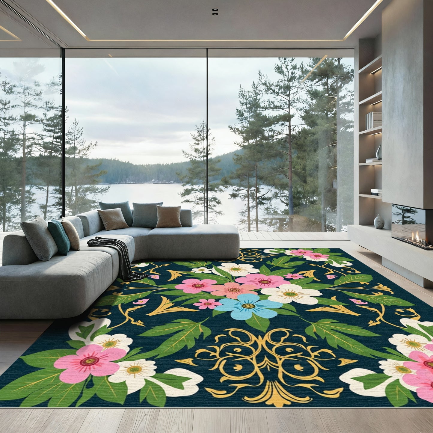 Pink White Blue Floral Gold Scroll Rug