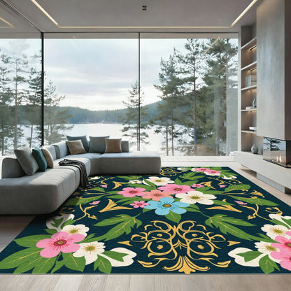 Pink White Blue Floral Gold Scroll Rug