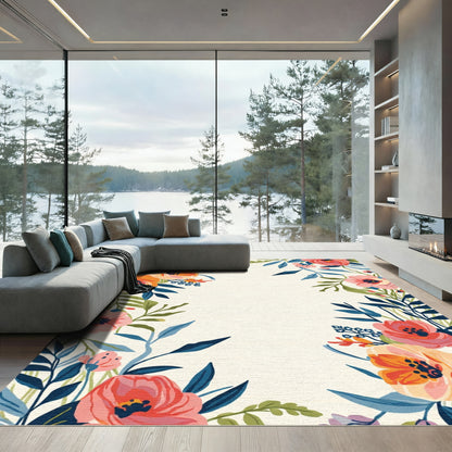 Vibrant Coral Peach Floral Foliage Rug