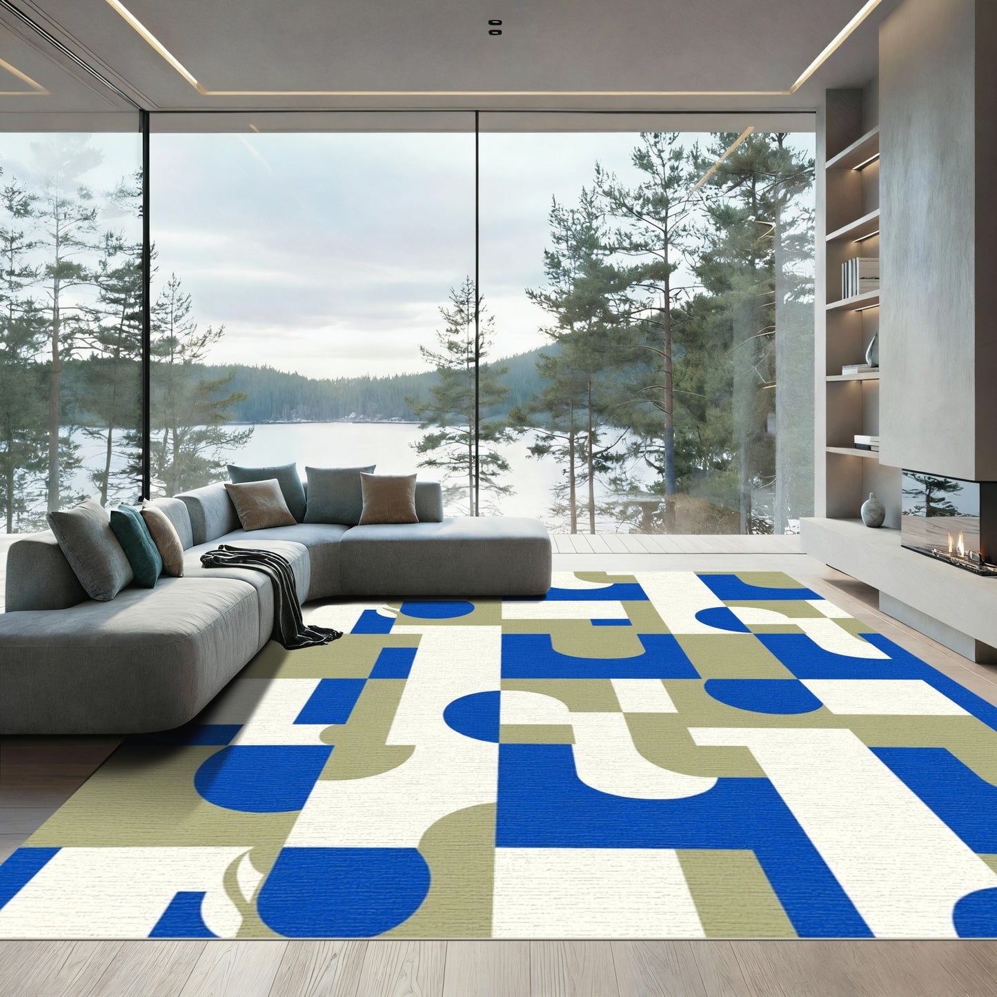 Modern Blue Geometric Abstract Composition Rug