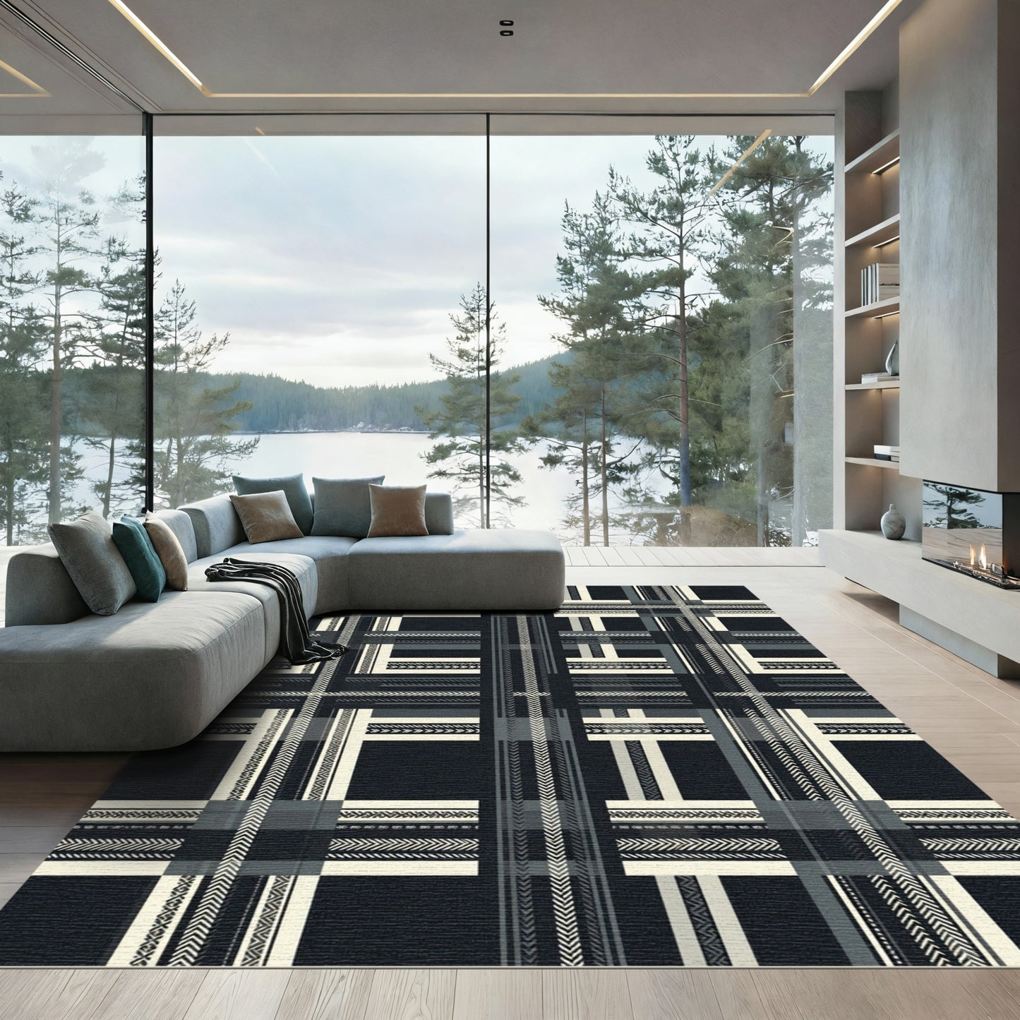 Monochrome Herringbone Plaid Geometric Grid Rug