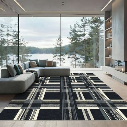 Monochrome Herringbone Plaid Geometric Grid Rug