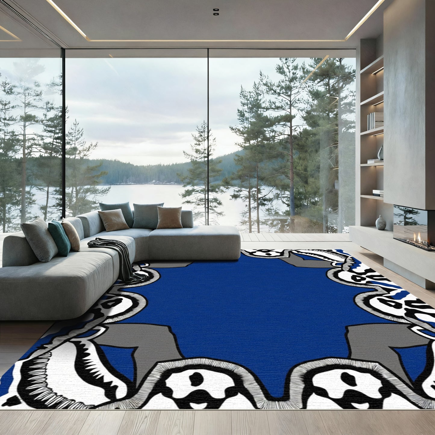Bold Blue White Black Organic Frame Rug