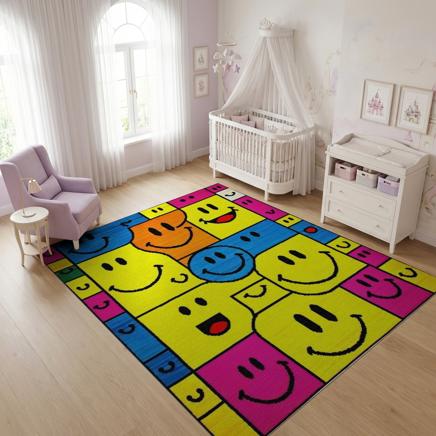 Vibrant Color Block Smiling Faces Rug