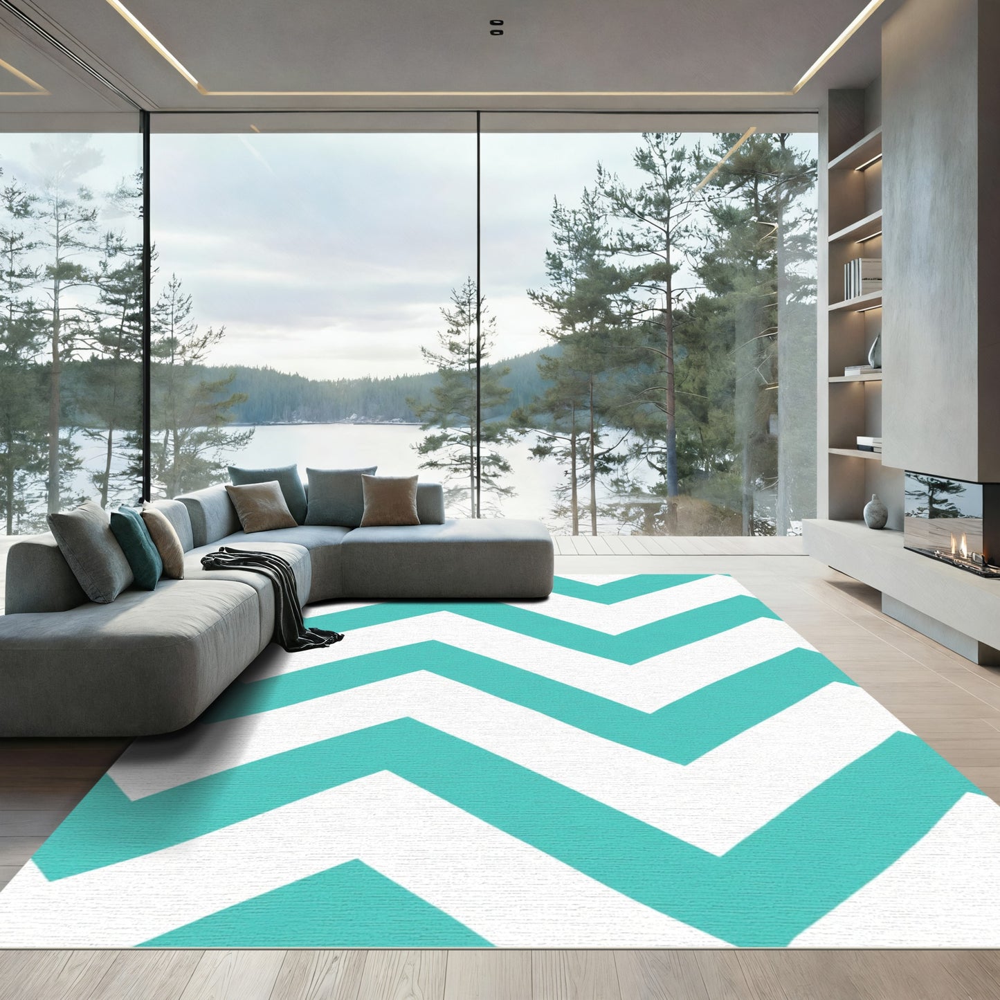 Turquoise White Zigzag Stripe Rug