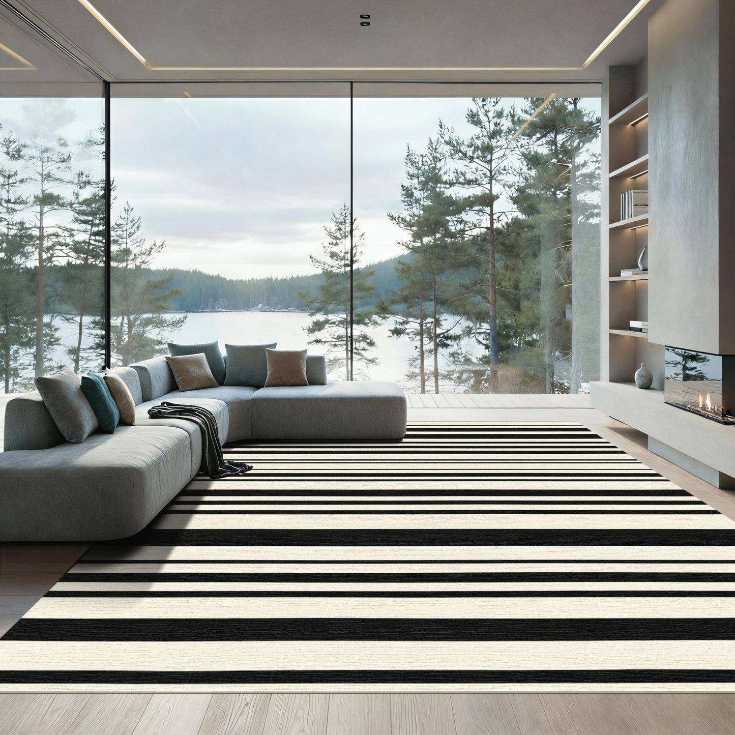 Alternating Cream Black Linear Bands Rug