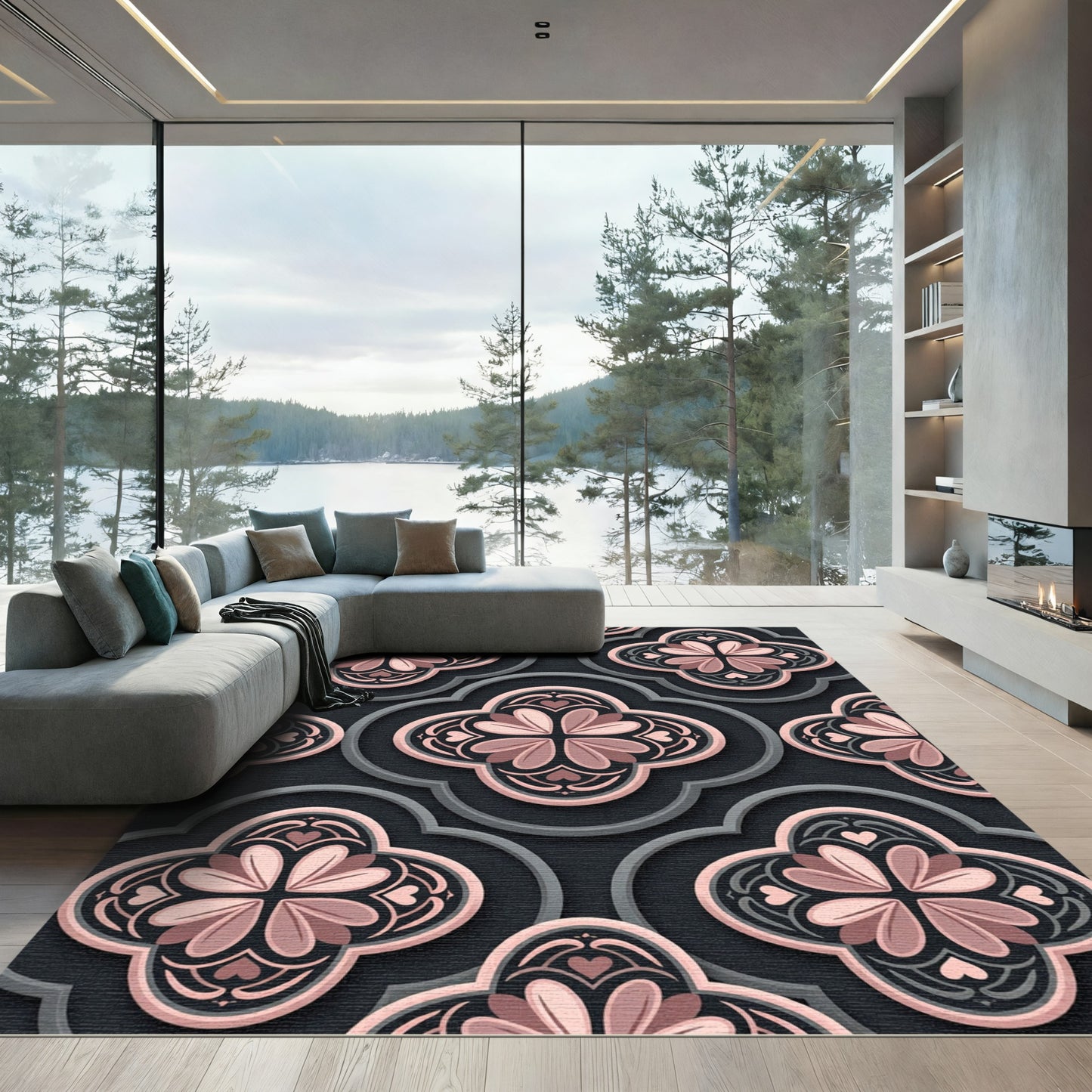 Blush Pink Floral Quatrefoil Medallion Rug