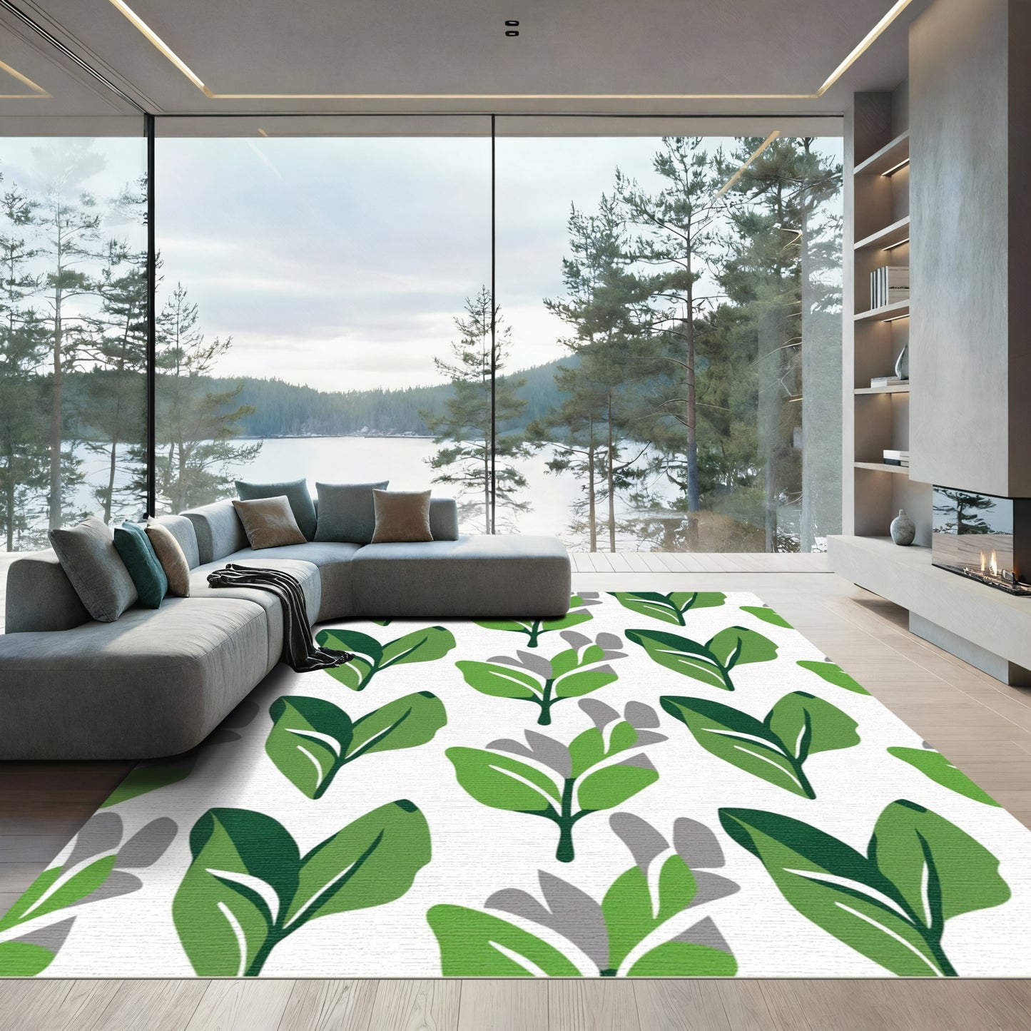 Vibrant Green Leafy Branch Pattern Rug
