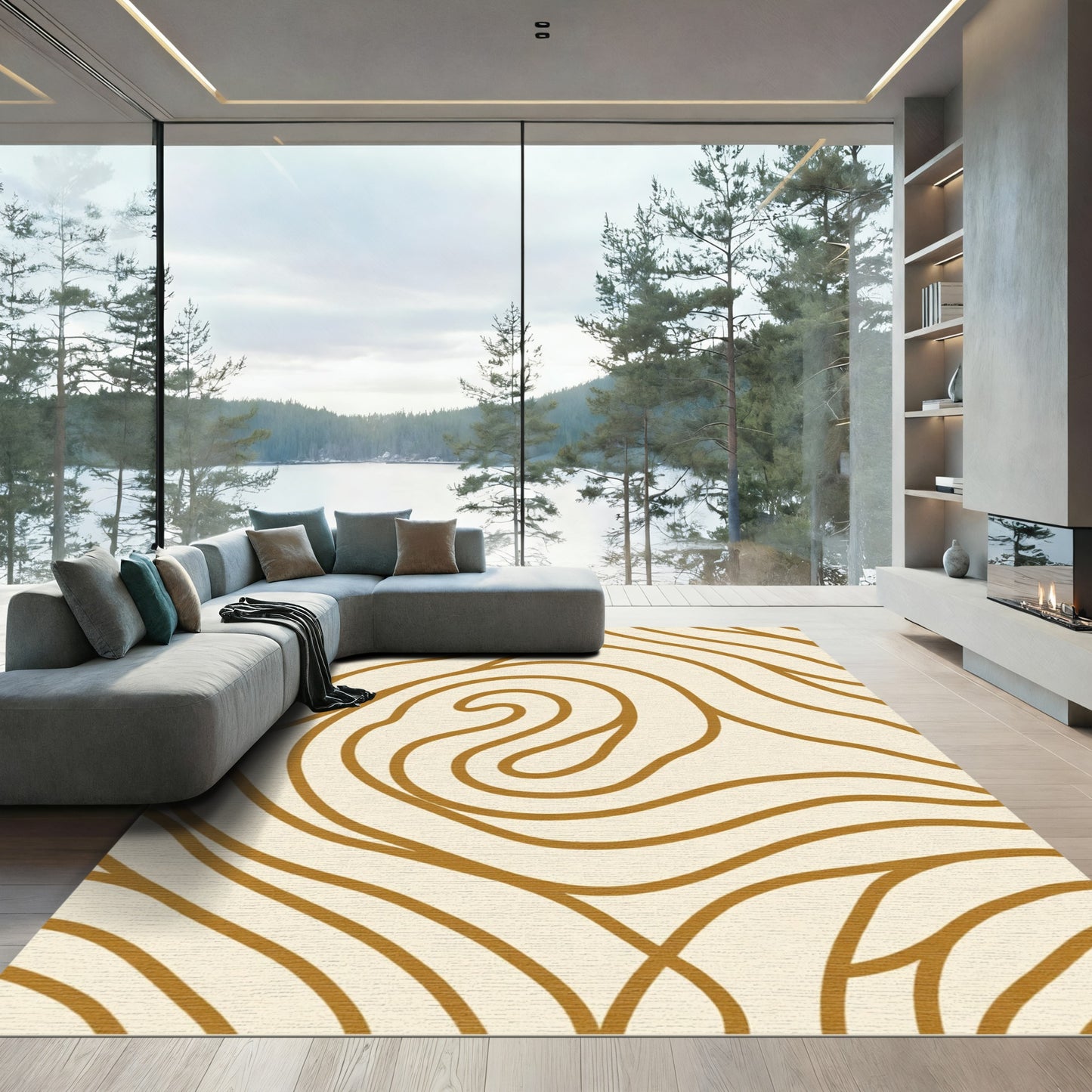 Creamy Gold Abstract Swirl Rug