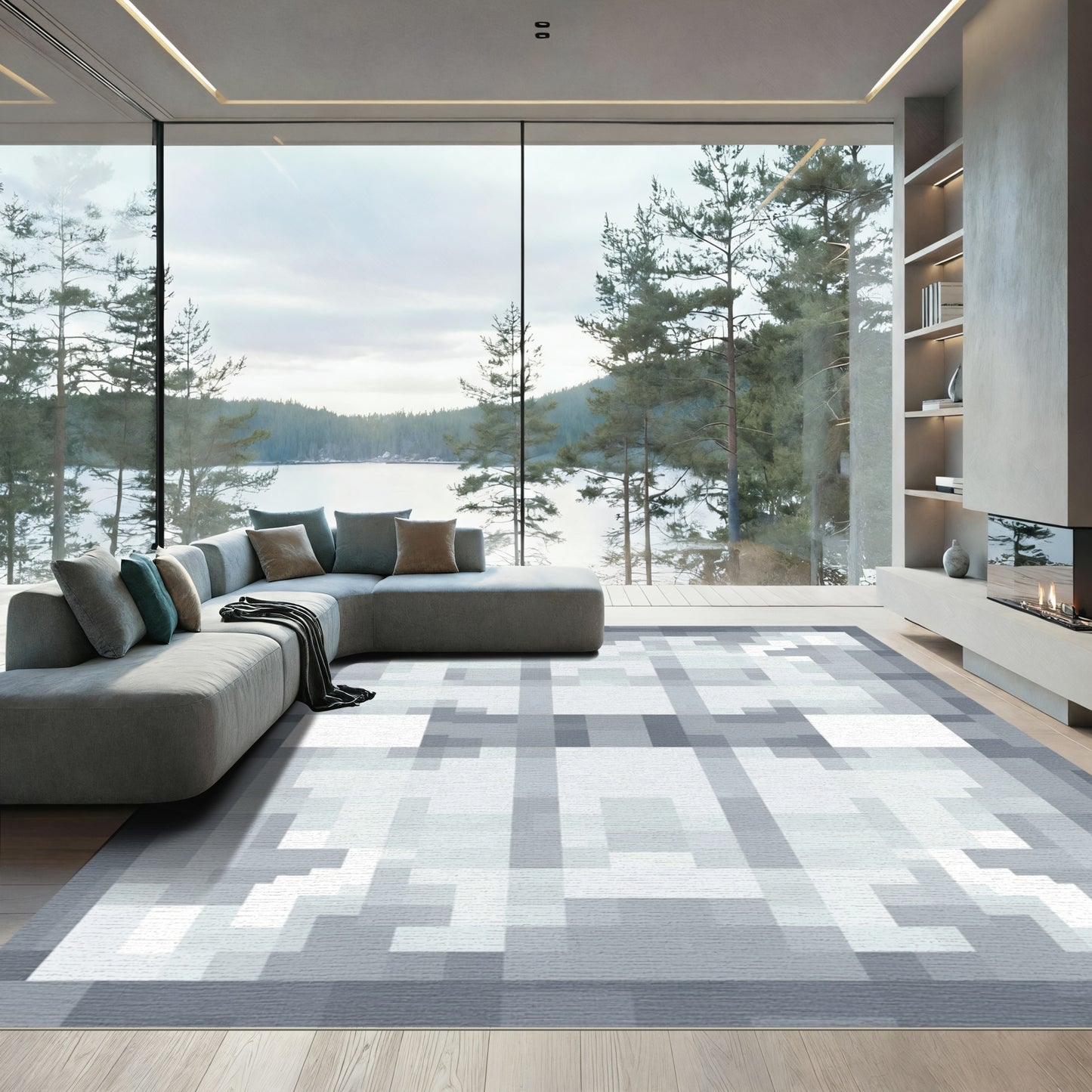 Monochrome Abstract Square Grid Rug