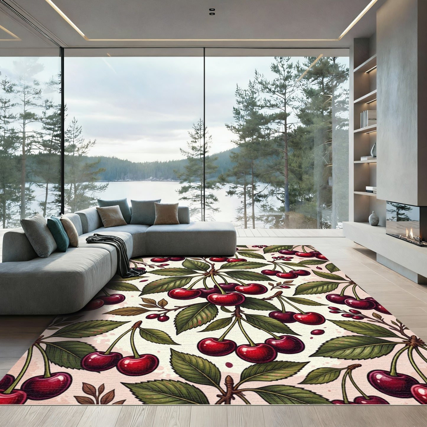 Vintage Red Cherry Botanical Illustration Rug