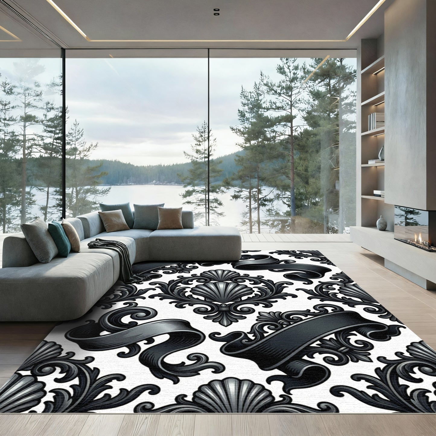 Gothic Shell and Scroll Damask Rug