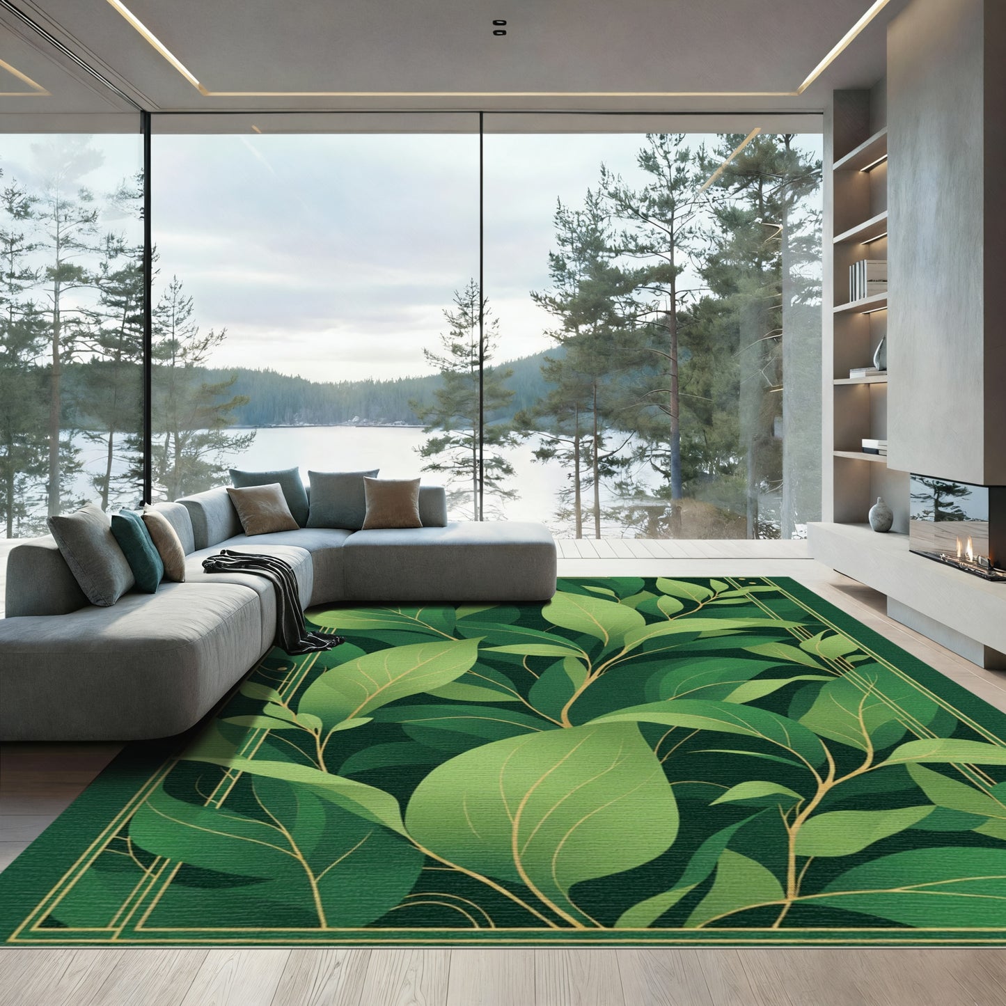 Lush Green Foliage Art Deco Rug
