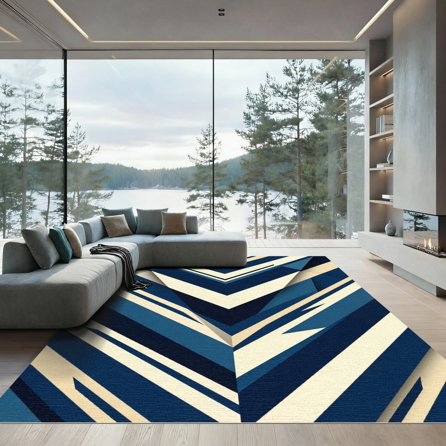 Geometric Navy and Cream Chevron Rug
