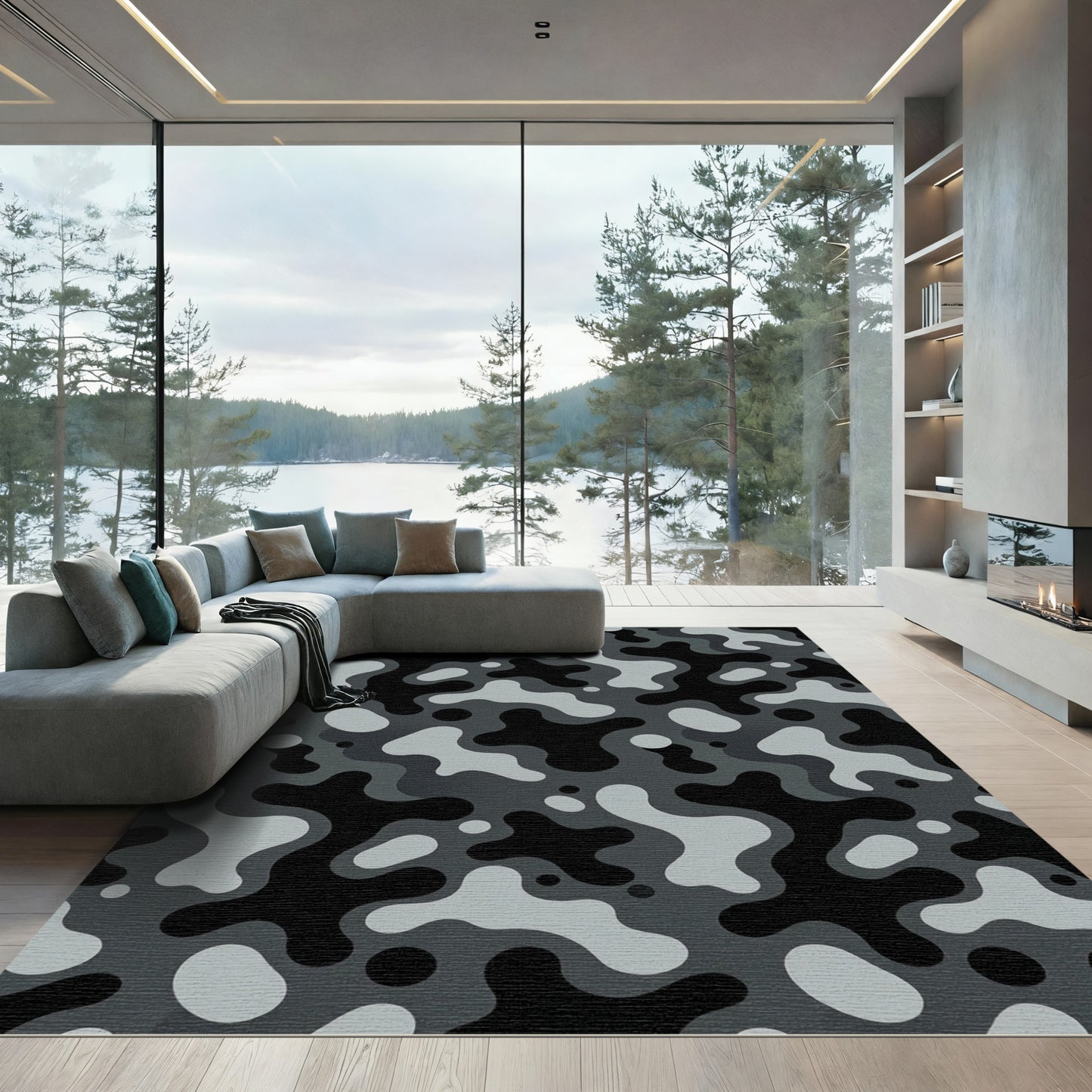 Modern Gray Camouflage Organic Shape Rug